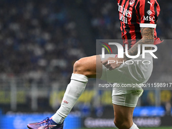 Christian Pulisic of AC Milan celebrates after a goal during the Italian Serie A football match between Inter FC and AC Milan in Milan, Ital...