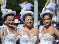 A general view of the 48th Queens Hispanic Parade 2024 marches down 37th Avenue, from 69th Street to 86th Street, through Jackson Heights, Q...