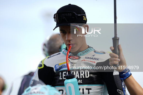 Angel Piqueras and Leopard Racing from Spain look on before the Moto3 race of the MotoGP of Emilia Romagna at Misano World Circuit in Misano...