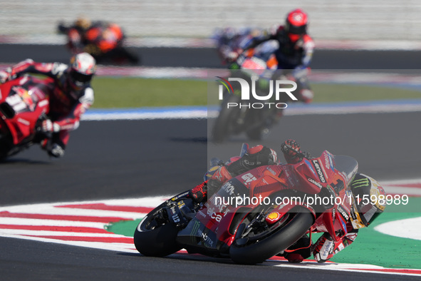 Francesco Bagnaia of Italy and Ducati Lenovo Team rides on track during the sprint race of the MotoGP of Emilia Romagna at Misano World Circ...