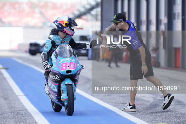 David Alonso of Colombia and the CFMOTO Aspar Team celebrates the victory of the Moto3 race of the MotoGP of Emilia Romagna at Misano World...