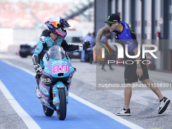 David Alonso of Colombia and the CFMOTO Aspar Team celebrates the victory of the Moto3 race of the MotoGP of Emilia Romagna at Misano World...