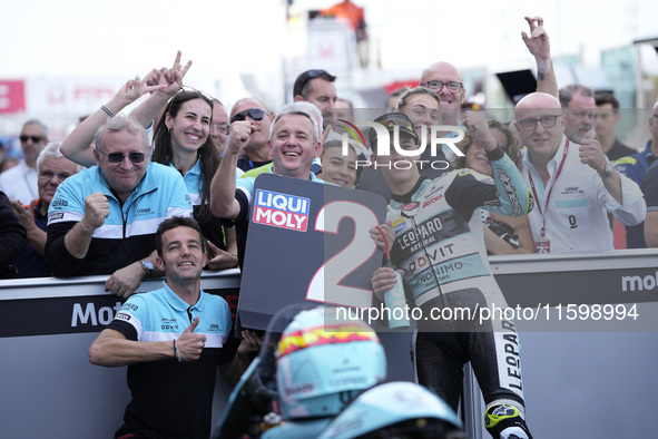 Angel Piqueras and Spain and Leopard Racing celebrate the second place scored during the Moto3 race of the MotoGP of Emilia Romagna at Misan...