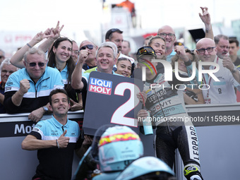 Angel Piqueras and Spain and Leopard Racing celebrate the second place scored during the Moto3 race of the MotoGP of Emilia Romagna at Misan...