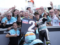 Angel Piqueras and Spain and Leopard Racing celebrate the second place scored during the Moto3 race of the MotoGP of Emilia Romagna at Misan...