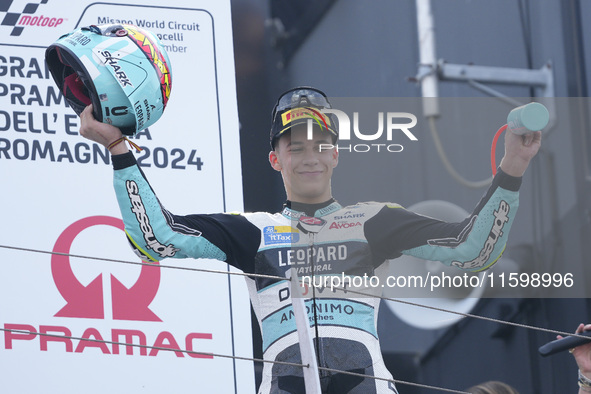 Angel Piqueras and Spain and Leopard Racing celebrate the second place scored during the Moto3 race of the MotoGP of Emilia Romagna at Misan...