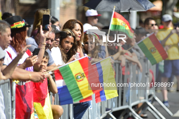 A general view of the 48th Queens Hispanic Parade 2024 marches down 37th Avenue, from 69th Street to 86th Street, through Jackson Heights, Q...