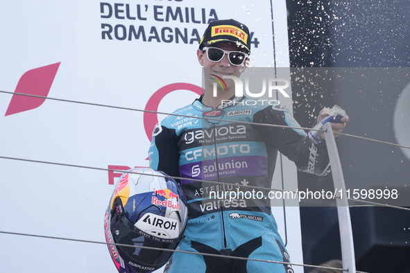 David Alonso of Colombia and the CFMOTO Aspar Team celebrates the victory of the Moto3 race of the MotoGP of Emilia Romagna at Misano World...