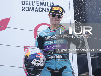 David Alonso of Colombia and the CFMOTO Aspar Team celebrates the victory of the Moto3 race of the MotoGP of Emilia Romagna at Misano World...