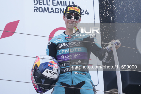 David Alonso of Colombia and the CFMOTO Aspar Team celebrates the victory of the Moto3 race of the MotoGP of Emilia Romagna at Misano World...