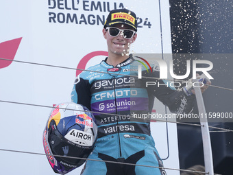 David Alonso of Colombia and the CFMOTO Aspar Team celebrates the victory of the Moto3 race of the MotoGP of Emilia Romagna at Misano World...