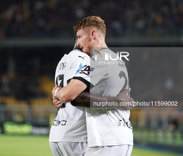 Antoine Hainaut of Parma Calcio celebrates a goal during the Serie A match between Lecce and Parma in Lecce, Italy, on September 21, 2024. 