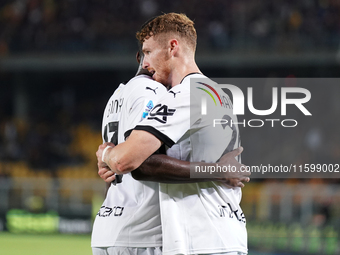 Antoine Hainaut of Parma Calcio celebrates a goal during the Serie A match between Lecce and Parma in Lecce, Italy, on September 21, 2024. (