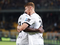 Antoine Hainaut of Parma Calcio celebrates a goal during the Serie A match between Lecce and Parma in Lecce, Italy, on September 21, 2024. (