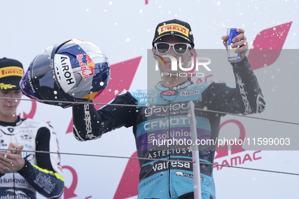 David Alonso of Colombia and the CFMOTO Aspar Team celebrates the victory of the Moto3 race of the MotoGP of Emilia Romagna at Misano World...