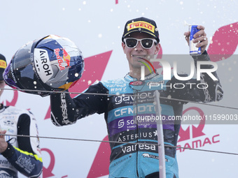 David Alonso of Colombia and the CFMOTO Aspar Team celebrates the victory of the Moto3 race of the MotoGP of Emilia Romagna at Misano World...