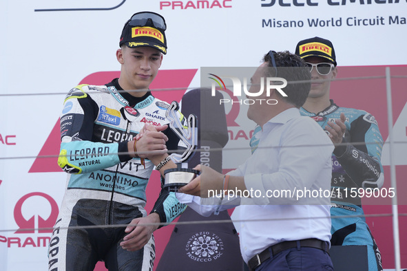 Angel Piqueras and Spain and Leopard Racing celebrate the second place scored during the Moto3 race of the MotoGP of Emilia Romagna at Misan...