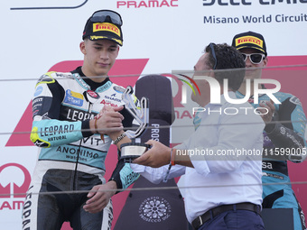 Angel Piqueras and Spain and Leopard Racing celebrate the second place scored during the Moto3 race of the MotoGP of Emilia Romagna at Misan...