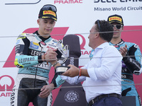 Angel Piqueras and Spain and Leopard Racing celebrate the second place scored during the Moto3 race of the MotoGP of Emilia Romagna at Misan...