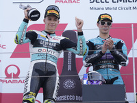 Angel Piqueras and Spain and Leopard Racing celebrate the second place scored during the Moto3 race of the MotoGP of Emilia Romagna at Misan...