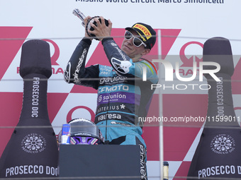 David Alonso of Colombia and the CFMOTO Aspar Team celebrates the victory of the Moto3 race of the MotoGP of Emilia Romagna at Misano World...