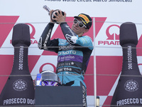 David Alonso of Colombia and the CFMOTO Aspar Team celebrates the victory of the Moto3 race of the MotoGP of Emilia Romagna at Misano World...