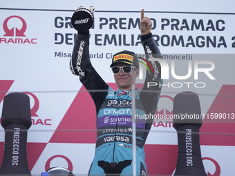 David Alonso of Colombia and the CFMOTO Aspar Team celebrates the victory of the Moto3 race of the MotoGP of Emilia Romagna at Misano World...