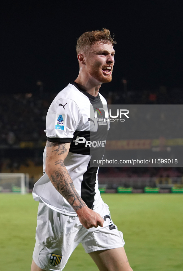 Antoine Hainaut of Parma Calcio celebrates a goal during the Serie A match between Lecce and Parma in Lecce, Italy, on September 21, 2024. 