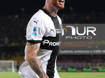 Antoine Hainaut of Parma Calcio celebrates a goal during the Serie A match between Lecce and Parma in Lecce, Italy, on September 21, 2024. (