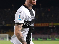 Antoine Hainaut of Parma Calcio celebrates a goal during the Serie A match between Lecce and Parma in Lecce, Italy, on September 21, 2024. (