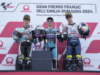 Angel Piqueras of Spain and Leopard Racing (L), David Alonso of Colombia and CFMOTO Aspar Team (C), and Collin Veijer of the Netherlands and...