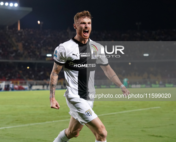 Antoine Hainaut of Parma Calcio celebrates a goal during the Serie A match between Lecce and Parma in Lecce, Italy, on September 21, 2024. 