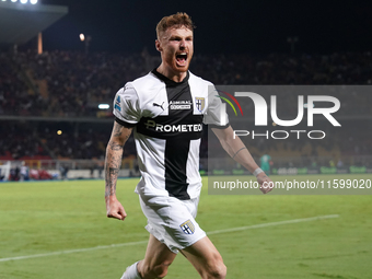 Antoine Hainaut of Parma Calcio celebrates a goal during the Serie A match between Lecce and Parma in Lecce, Italy, on September 21, 2024. (