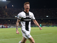 Antoine Hainaut of Parma Calcio celebrates a goal during the Serie A match between Lecce and Parma in Lecce, Italy, on September 21, 2024. (