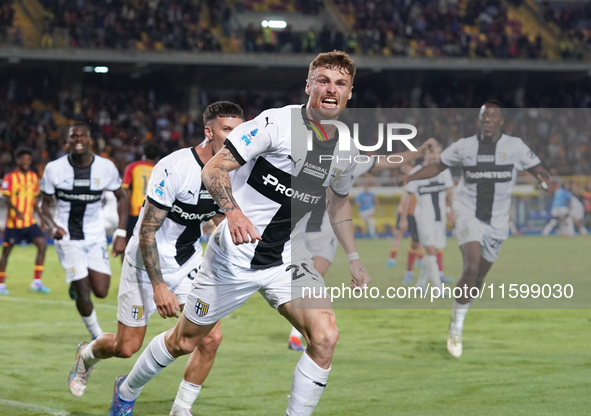 Antoine Hainaut of Parma Calcio celebrates a goal during the Serie A match between Lecce and Parma in Lecce, Italy, on September 21, 2024. 