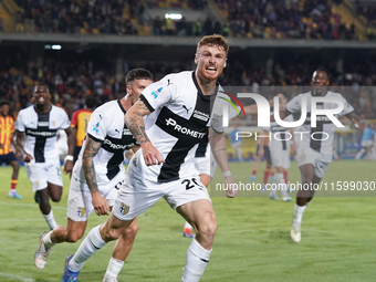 Antoine Hainaut of Parma Calcio celebrates a goal during the Serie A match between Lecce and Parma in Lecce, Italy, on September 21, 2024. (