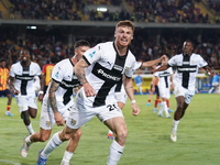 Antoine Hainaut of Parma Calcio celebrates a goal during the Serie A match between Lecce and Parma in Lecce, Italy, on September 21, 2024. (