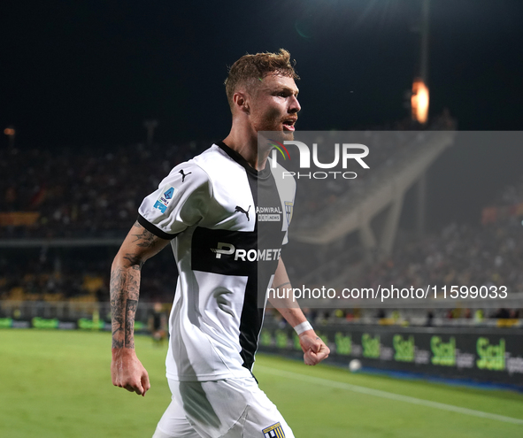 Antoine Hainaut of Parma Calcio celebrates a goal during the Serie A match between Lecce and Parma in Lecce, Italy, on September 21, 2024. 