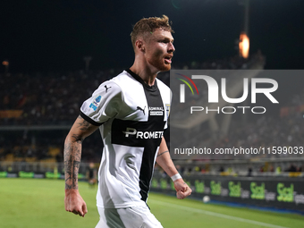 Antoine Hainaut of Parma Calcio celebrates a goal during the Serie A match between Lecce and Parma in Lecce, Italy, on September 21, 2024. (