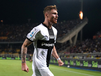 Antoine Hainaut of Parma Calcio celebrates a goal during the Serie A match between Lecce and Parma in Lecce, Italy, on September 21, 2024. (