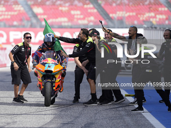 Celestino Vietti of Italy and Red Bull KTM Ajo celebrates the victory of the Moto2 race of the MotoGP of Emilia Romagna at Misano World Circ...