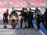 Celestino Vietti of Italy and Red Bull KTM Ajo celebrates the victory of the Moto2 race of the MotoGP of Emilia Romagna at Misano World Circ...