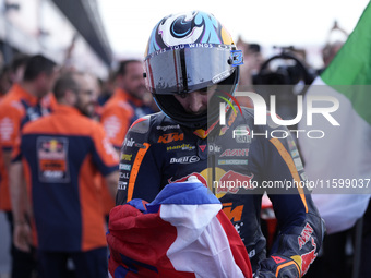 Celestino Vietti of Italy and Red Bull KTM Ajo celebrates the victory of the Moto2 race of the MotoGP of Emilia Romagna at Misano World Circ...