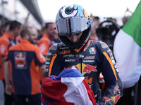 Celestino Vietti of Italy and Red Bull KTM Ajo celebrates the victory of the Moto2 race of the MotoGP of Emilia Romagna at Misano World Circ...