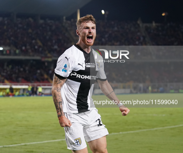 Antoine Hainaut of Parma Calcio celebrates a goal during the Serie A match between Lecce and Parma in Lecce, Italy, on September 21, 2024. 