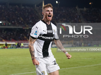 Antoine Hainaut of Parma Calcio celebrates a goal during the Serie A match between Lecce and Parma in Lecce, Italy, on September 21, 2024. (