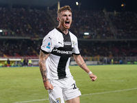 Antoine Hainaut of Parma Calcio celebrates a goal during the Serie A match between Lecce and Parma in Lecce, Italy, on September 21, 2024. (