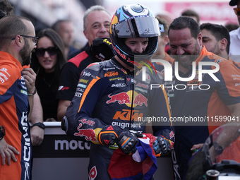 Celestino Vietti of Italy and Red Bull KTM Ajo celebrates the victory of the Moto2 race of the MotoGP of Emilia Romagna at Misano World Circ...