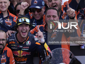 Celestino Vietti of Italy and Red Bull KTM Ajo celebrates the victory of the Moto2 race of the MotoGP of Emilia Romagna at Misano World Circ...