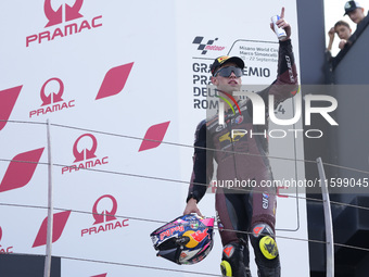 Tony Arbolino of Italy and ELF Marc VDS Racing Team celebrates the third place scored during the Moto2 race of the MotoGP of Emilia Romagna...